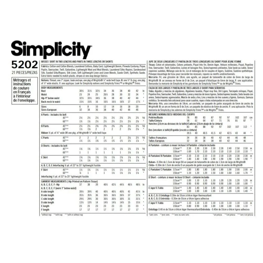 Simplicity Sewing Pattern 5202 Misses Skirts Pants Shorts‎ Size 6-12